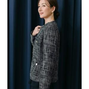 ユアーズ ur&apos;s フリンジツイードノーカラージャケット （ネイビー）