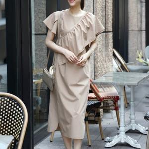 ヴィリーナ VIRINA 【２WAY・接触冷感・吸水速乾・アイロン不要・洗える】取り外し可能ぺプラム付/バタフライワンピース （グレージュ）