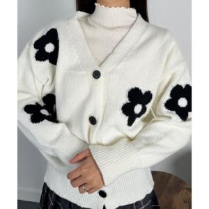 ビビッドレディ VIVIDLADY 花柄 ニットカーディガン レディース 韓国ファッション 長袖 （アイボリー）