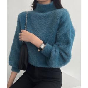 ビビッドレディ VIVIDLADY ファーハイネックニット レディース長袖 韓国ファッション （ブルーグリーン）