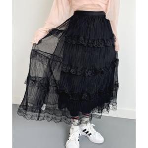 ビビッドレディ VIVIDLADY クリンクル シフォン ロングレーススカート （ブラック）
