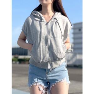 ビビッドレディ VIVIDLADY フード付きノースリーブジャケット アウター レディース 夏 ノースリーブパーカー 韓国ファッション ショート丈 ジ