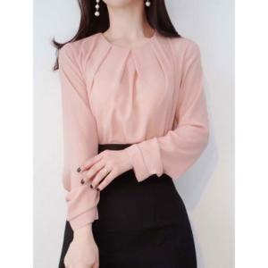 ビビッドレディ VIVIDLADY ブラウス レディース 長袖 ピンタック ブラウス 韓国 フレアブラウス レディース ショート丈 ブラウス （ピンク