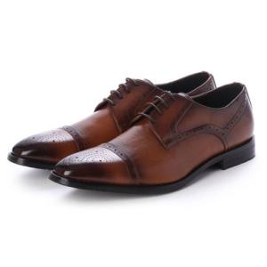 ジーノ ZEENO ビジネスシューズ メンズ 革靴 ロングノーズ 防滑 メダリオン レースアップ 外羽根 （Brown）
