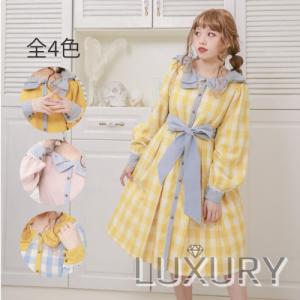 ロリータ服 DollyDelly パステルカラー ワンピース リボン ピンク イエロー ボタン ミディアム カジュアル 上品 ワンサイズ 長袖 パフス｜loliloli