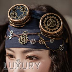 【納期2か月】ロリータ服 バンダナ steampunk スチームパンク ネイビー ゴーグル付き チェーン チャーム フリーサイズ 人気 撮影 おでかけ｜loliloli