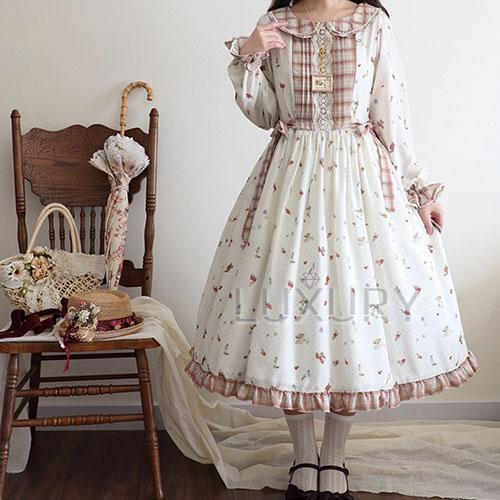 【納期40日】クラシカルロリータ ワンピース のみ ラウンドネック 膝丈 ひざ丈 ミディアム レトロ...