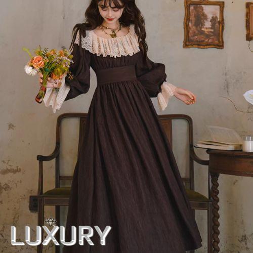 セミロリータ ワンピース のみ レース パフスリーブ 丸襟 ラウンドネック 宮廷風 ヴィンテージ フ...