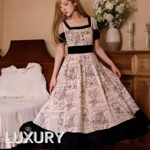 セミロリータ ワンピース のみ プリント ロング丈 スクエアネック 半袖 フレンチクラシカル レトロ...