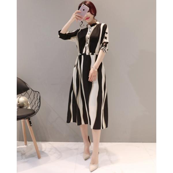 ワンピース チュニック ひざ丈 七分袖 フレア ミモレ丈 ストライプ シック エレガント Aライン ...