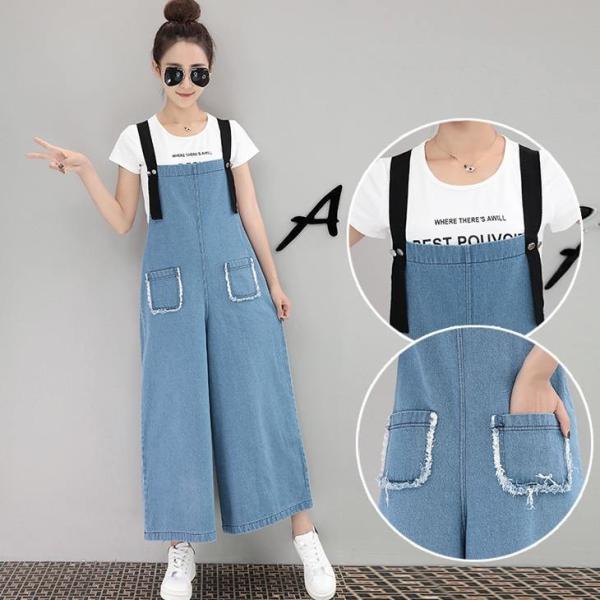 スカート パンツ サロペット オーバーオール デニム レディース ガウチョ ボタン付き ウォッシュ ...