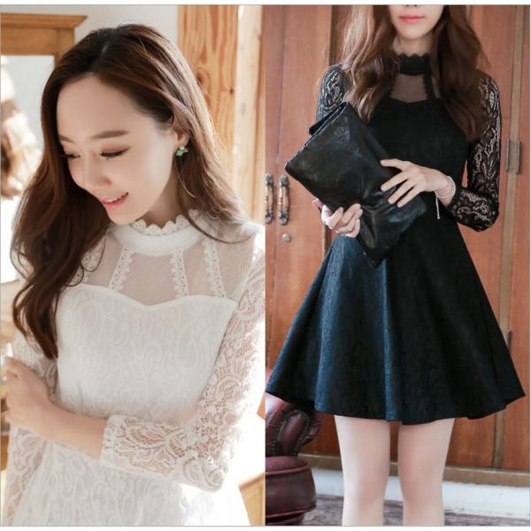 ワンピース ショート丈 ミニ丈 長袖 結婚式 パーティードレス レース シースルー ひざ上丈 Aライ...