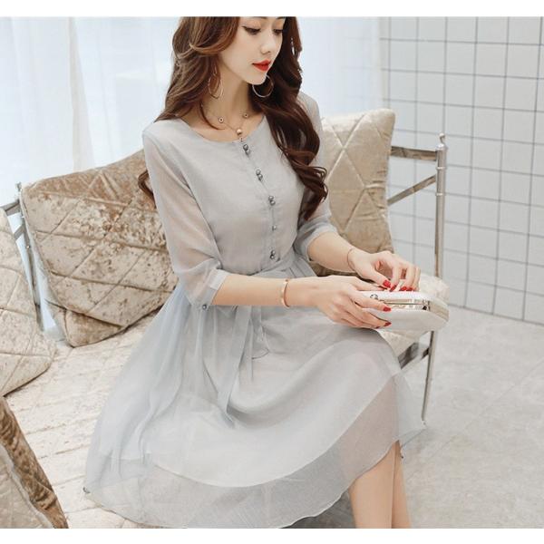 ワンピース チュニック ひざ丈 五分袖 七分袖 清楚 お出かけ 同窓会 お嬢様 結婚式 シフォン パ...