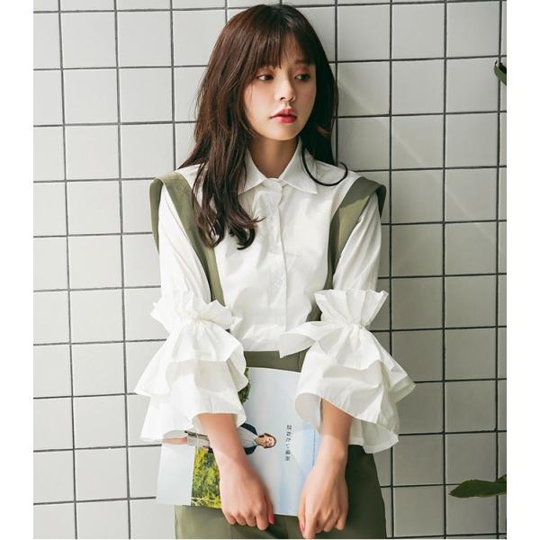 ブラウス 長袖 春 秋 フリル袖 ボリューム袖 袖コンシャス 大人可愛い きれいめ 前開き 旅行 フ...