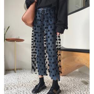 パンツ ジーンズ デニム ストレート レイヤード ドット柄 レース 切りっぱなし フリンジ カットオフ 九分丈 カジュアル 水玉柄 チュールスカート付き 個性的