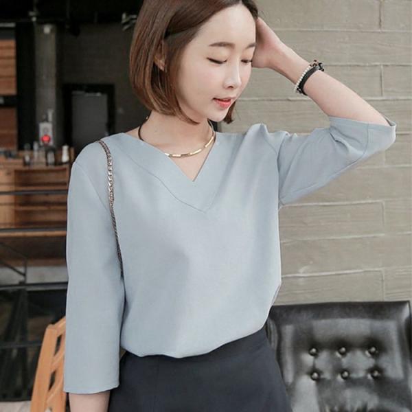 トップス シャツ ブラウス 半袖 Tブラウス シャツ スーツ インナー ブラウス vネック 七分袖 ...