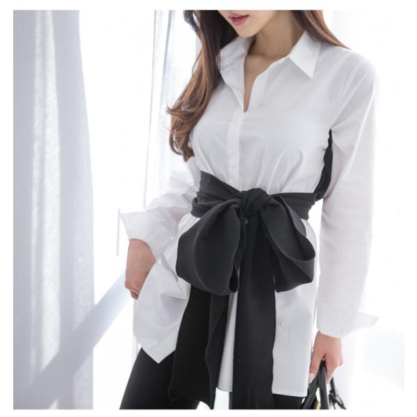 トップス シャツ ブラウス 長袖 きれいめ ストライプ リボン ビスチェ風 ドッキング Tシャツ フ...