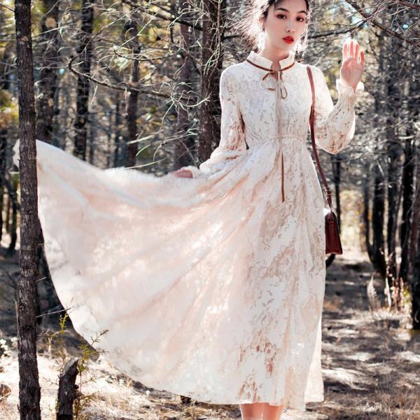 ワンピース チュニック ひざ丈ワンピース 長袖 アンティーク風レース パーティードレス お呼ばれワン...