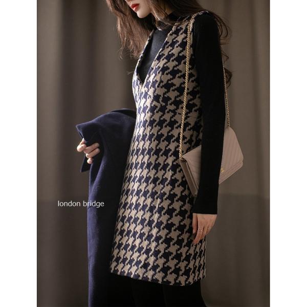 即納 ワンピース チュニック ノースリーブワンピース おしゃれ 暖かい 千鳥格子 厚地 ウール混 3...