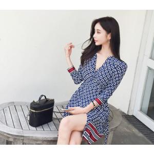 ワンピース ショート ミニ丈 七分袖 カシュクール プリント柄 タイト レトロ 上品 ガーリー Ｖネ...