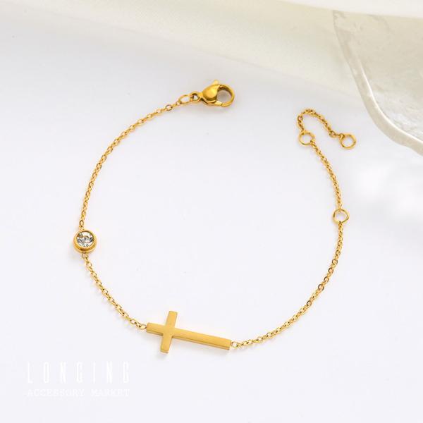 ブレスレット ステンレス レディース ゴールド 十字架 クロス ストーン 16+3cm 18Kコーテ...