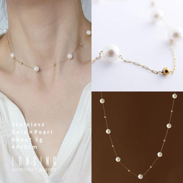 ネックレス ステンレス レディース ゴールド パール 真珠 18Kコーティング 金属アレルギー対応 ...