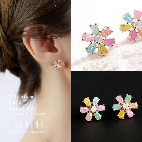 ピアス レディース ジルコニア キュービックジルコニア フラワー 花 チタンポスト 金属アレルギー対...