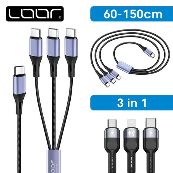 3in1 充電ケーブル コード 急速 100W 充電 マルチ充電 同時充電 3台 Type-C タイ...