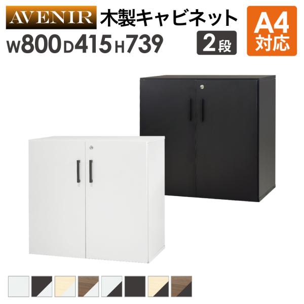 木製キャビネット 2段 扉付き 鍵付き 書庫 収納棚 本棚 幅80cm A4ファイル 書類棚 木製 ...