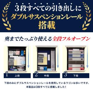 デスクワゴン 3段 鍵付き キャスター付き サ...の詳細画像3