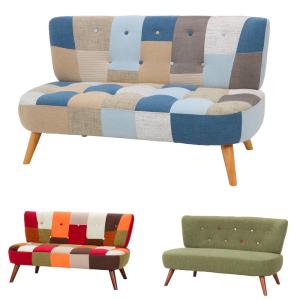 ソファ2P デイジー 2人用 幅1230×奥行670×高さ680mm 座面高360mm 耐荷重120kg グリーン パッチワーク 天然木脚 肘なしソファ 二人掛けソファ 居間 sofa8533