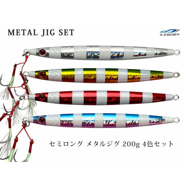 4色SET セミロング メタルジグ 200g 左右非対称 ゼブラグロー フロント ティンセル ダブル...