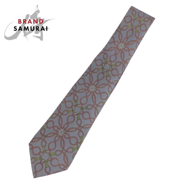 HERMES エルメス 総柄 グレー ピンク マルチカラー シルク ネクタイ 剣先9cm メンズ 3...