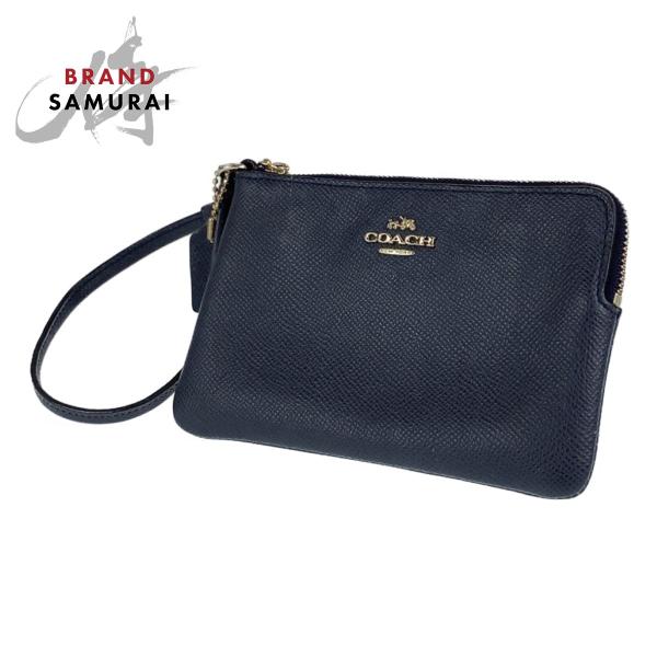 美品 COACH コーチ ネイビー ゴールド PVC アクセサリーポーチ ハンドバッグ レディース ...