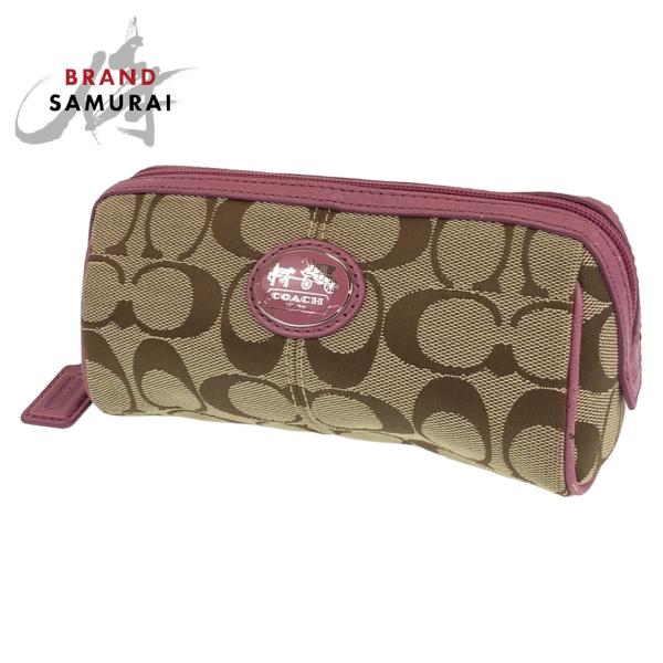 COACH コーチ シグネチャー ベージュ ピンク シルバー金具 キャンバス/レザー ポーチ アクセ...