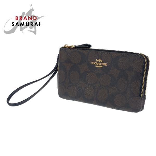 COACH コーチ シグネチャー ブラウン 茶色 ブラック ゴールド金具 レザー ポーチ 小物入れ ...