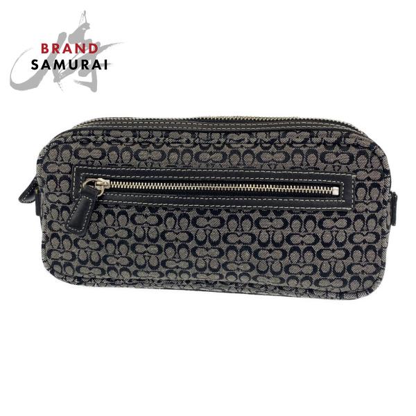 美品 COACH コーチ シグネチャー ブラック シルバー金具 キャンバス/レザー ポーチ 化粧品入...