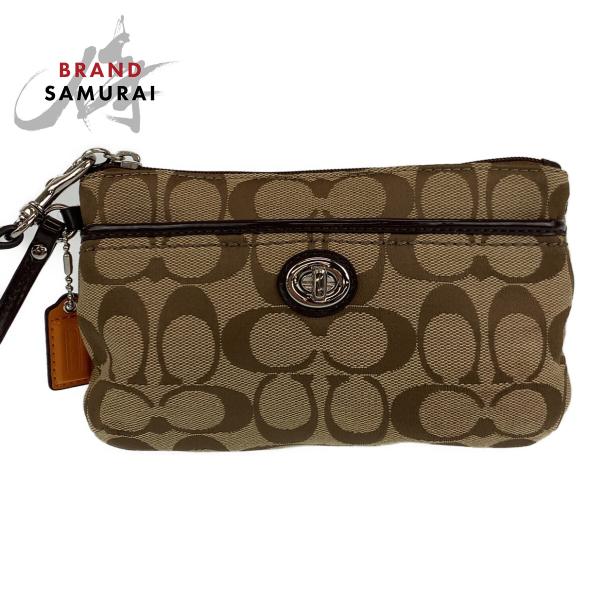 美品 COACH コーチ シグネチャー ベージュ シルバー金具 キャンバス/レザー クラッチバッグ ...