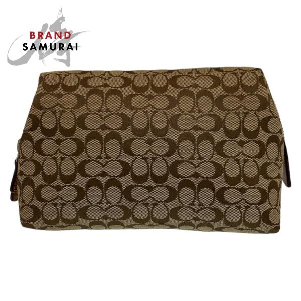 美品 COACH コーチ シグネチャー ベージュ ブラウン キャンバス ポーチ 小物入れ レディース...