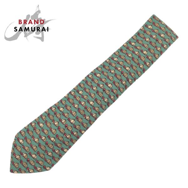 美品 HERMES エルメス 帽子柄 グリーン  シルク 684 AO ネクタイ 剣先9cm メンズ...