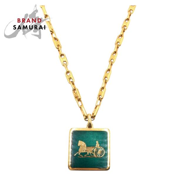 美品 CELINE セリーヌ ヴィンテージ ホースキャリッジ ゴールド グリーン メッキ ネックレス...