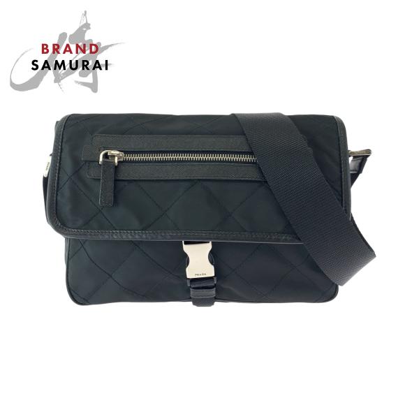 美品 PRADA プラダ キルティング テスート 三角ロゴプレート ブラック 黒 シルバー金具 ナイ...