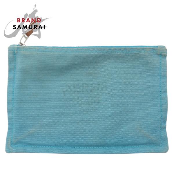 HERMES エルメス トゥルースフラットPM ブルー ライトブルー コットン ポーチ 男女兼用 5...