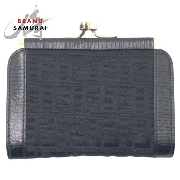 美品 FENDI フェンディ ヴィンテージ ズッカ ブラック 黒 ゴールド コットン がま口 コイン...