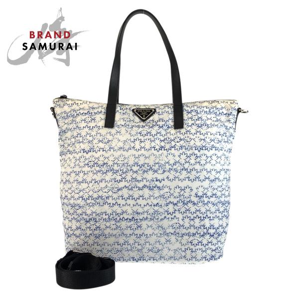 PRADA プラダ ホワイト ブルー ブラック シルバー金具 ナイロン/レザー トートバッグ ショル...