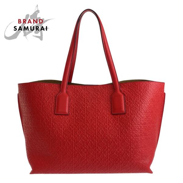 美品 LOEWE ロエベ リピートアナグラム レッド レザー トートバッグ ショルダーバッグ レディ...