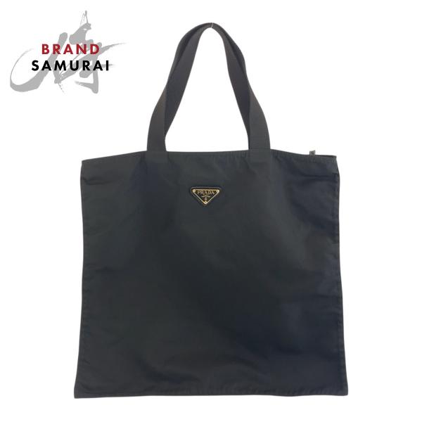 美品 PRADA プラダ テスート 三角ロゴプレート ブラック 黒 ゴールド金具 ナイロン トートバ...