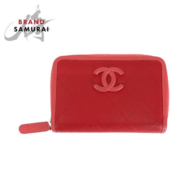 美品 CHANEL シャネル マトラッセ ココマーク レッド ピンク シルバー金具 ラムスキン コン...