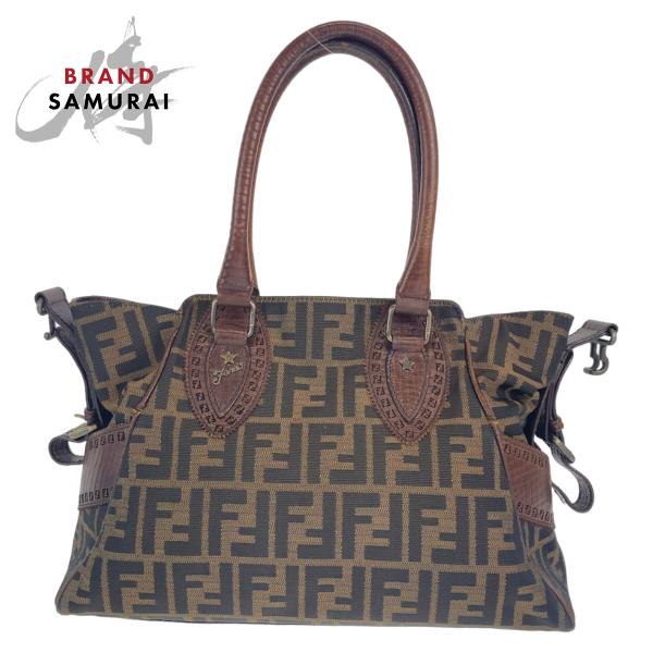 FENDI フェンディ ズッカ柄 エトニコ ブラウン キャンバス/レザー ショルダーバッグ ハンドバ...
