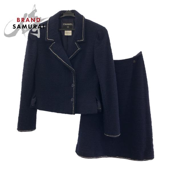 美品 シャネル ツイード ココマーク ラインストーン サイズ36 ネイビー シルク/ウール/ナイロン...